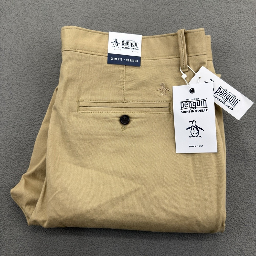 Original Penguin Flat Front Chino Pant Mens 34x32 Travertine Khaki Slim Stretch